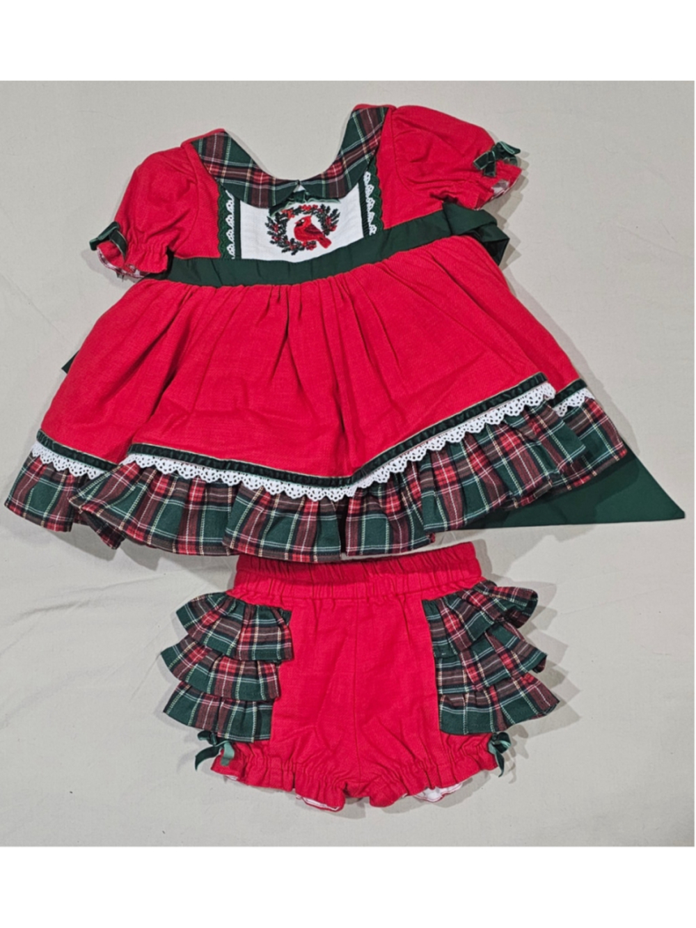Baby Girl Three By The Sea Christmas Cardinal Dress Set 12-18 Months Red Green